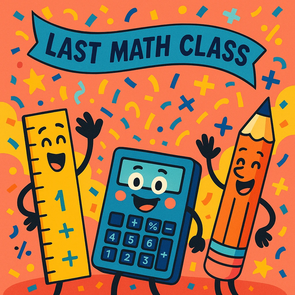 playful image of a calculator, ruler, and pencil throwing a party with confetti and math symbols for the last math class emoji