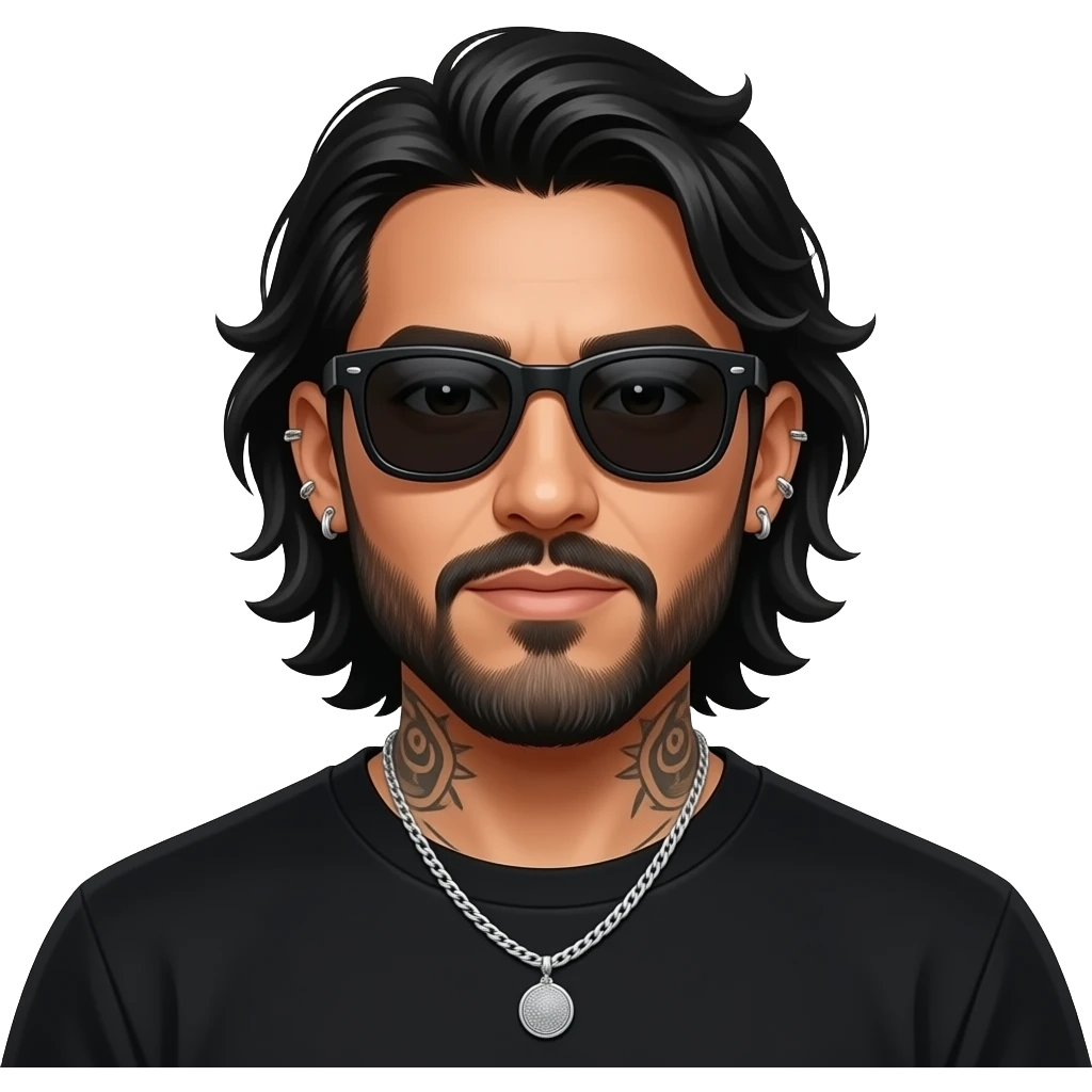 handsome, manly Latino podcast host with black colored eyes wearing black with silver jewelry, with medium length hair, a very long, lightly graying beard and tattoos, his ear pierced and right nostril as well, dark sunglasses. Blows emoji