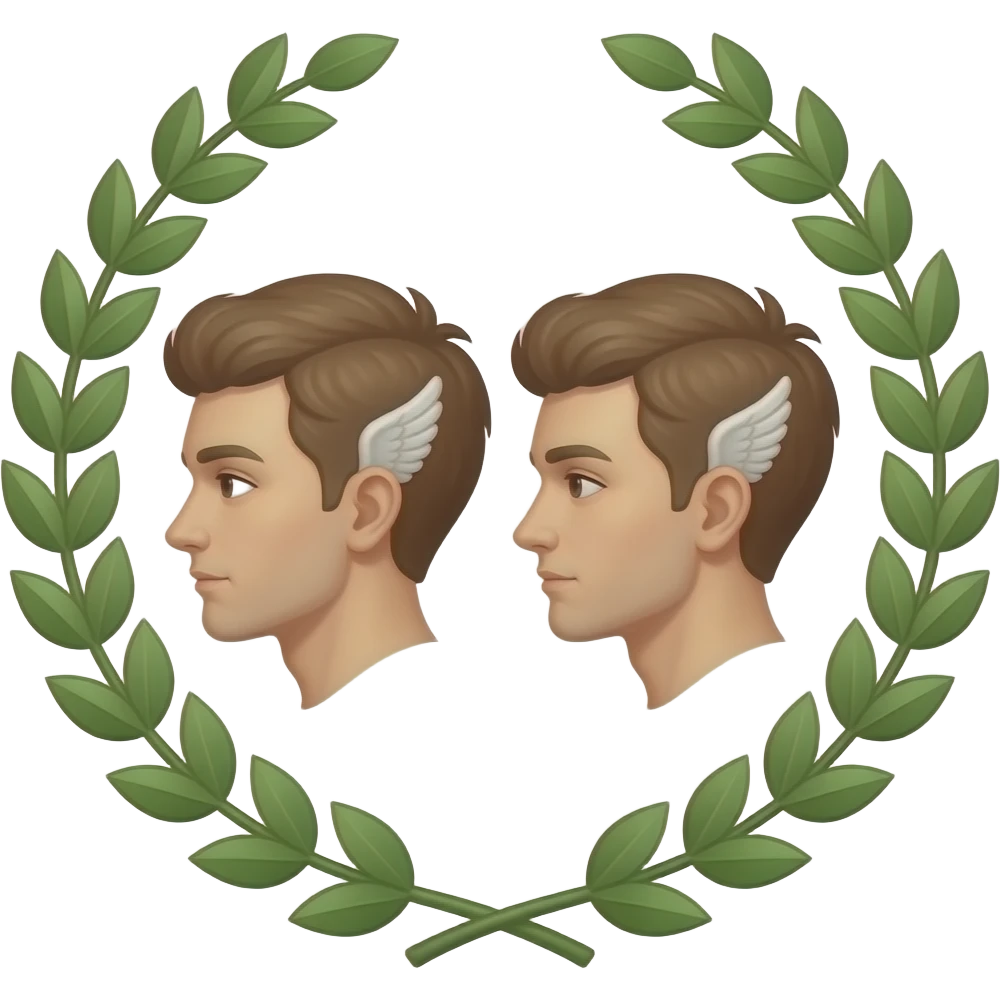 twins two faces in profile in a symmetrical composition, instead of ears they have small wings around their heads a laurel wreath emoji