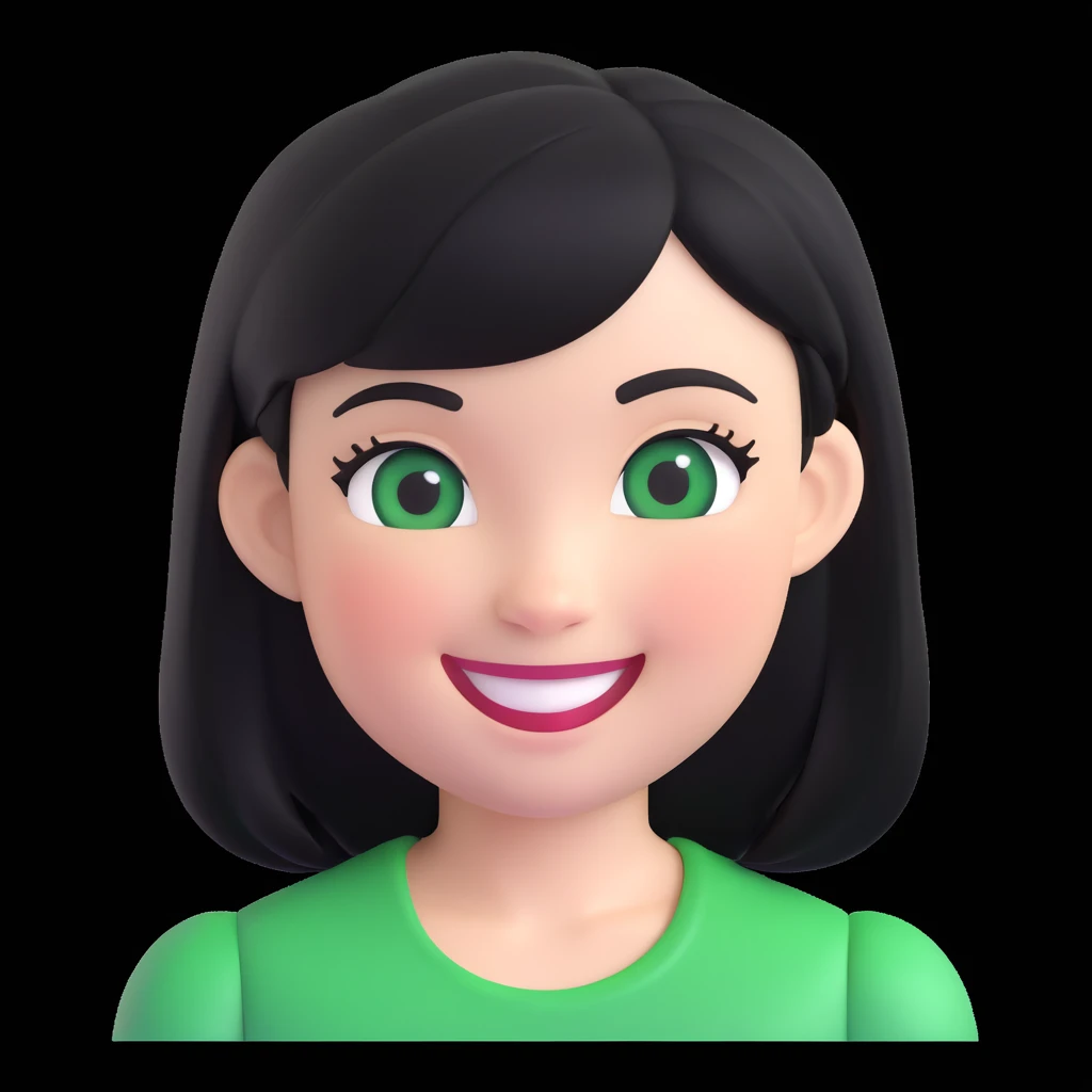 girl with black hair and green eyes, memoji style, smiling, round face, white background emoji