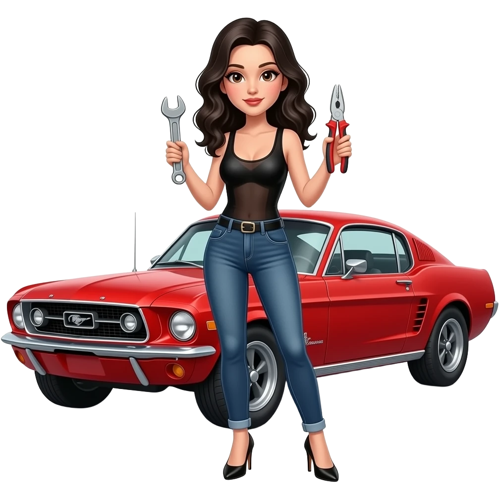 Pale girl with wavy jet black hair and brown eyes in front of a red ford mustang 1968 coupe. Girl wearing a sheer black sleeveless top, low rounded neckline, jeans and heels with visible toes. Girl holding an adjustable wrench in his right hand and a pair of multi-grip pliers in his left hand. emoji