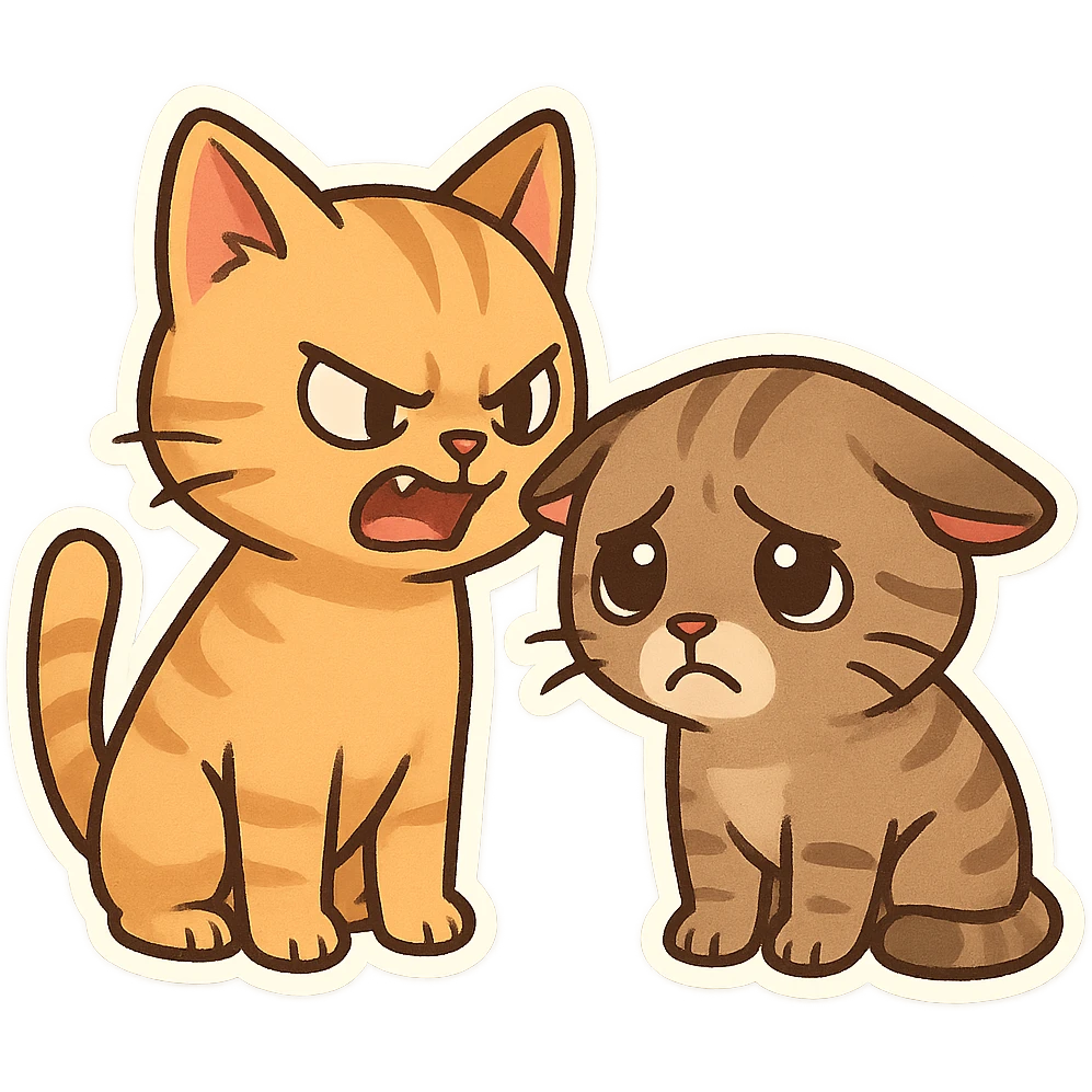 Cat meme expression, a yellow cat is angry and fierce to another tabby cat, the tabby cat looks aggrieved with its ears down emoji