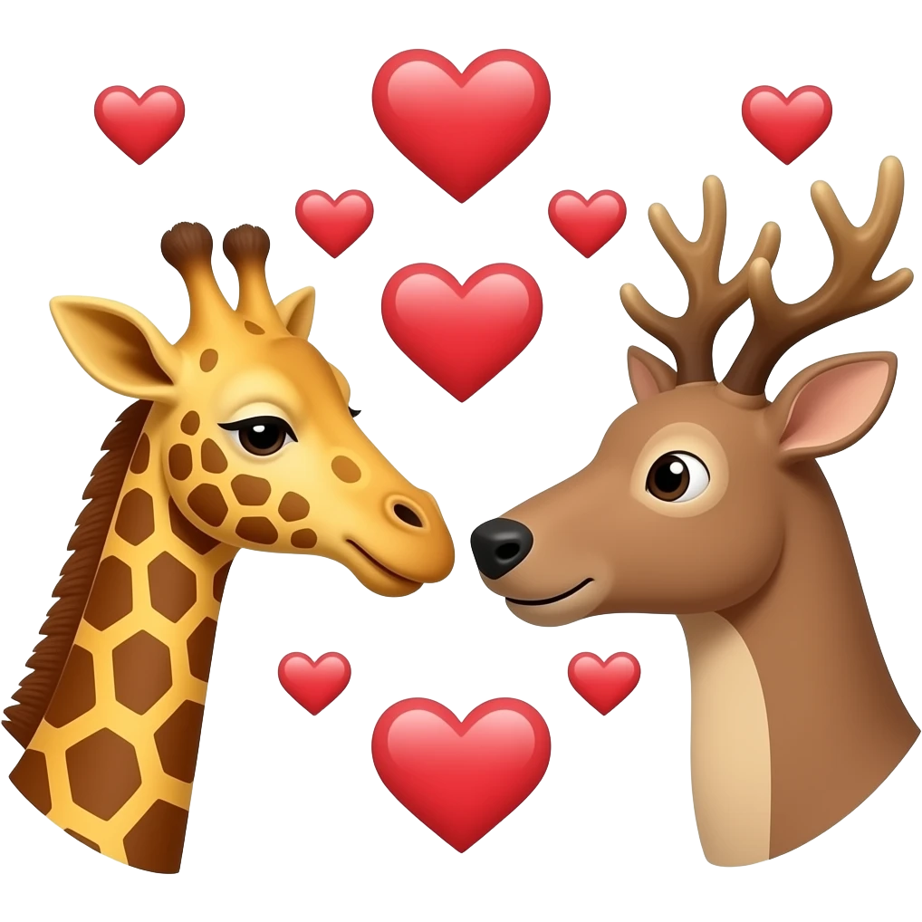 Einfacher Giraffenkopf und Elchkopf schauen sich an mit vielen Herzchen emoji