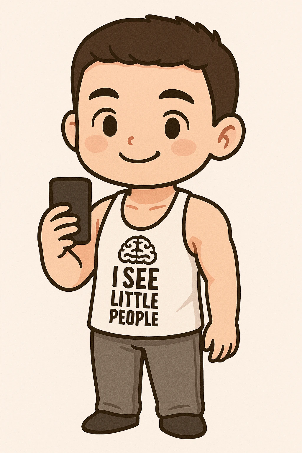 Full body illustration of a young man with short dark hair, light skin, no beard, smiling, in a cute, cartoon, simplified style similar to the example of Snape and Voldemort in chibi stickers style, with bold black lines and soft colors. emoji