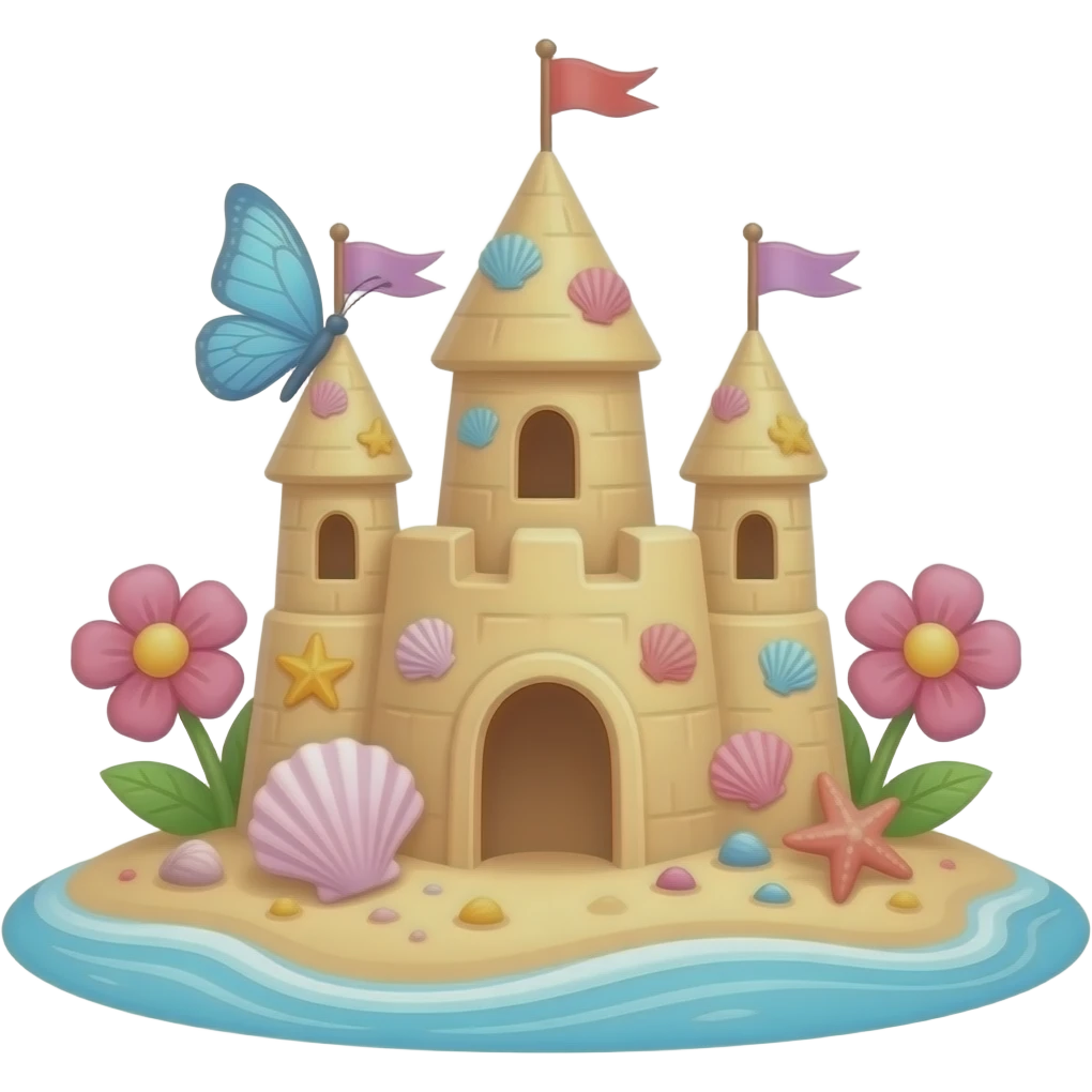 Cute pastel sandcastle on a beach, decorated with seashells, starfish, pink flowers, and a butterfly, whimsical fantasy style emoji