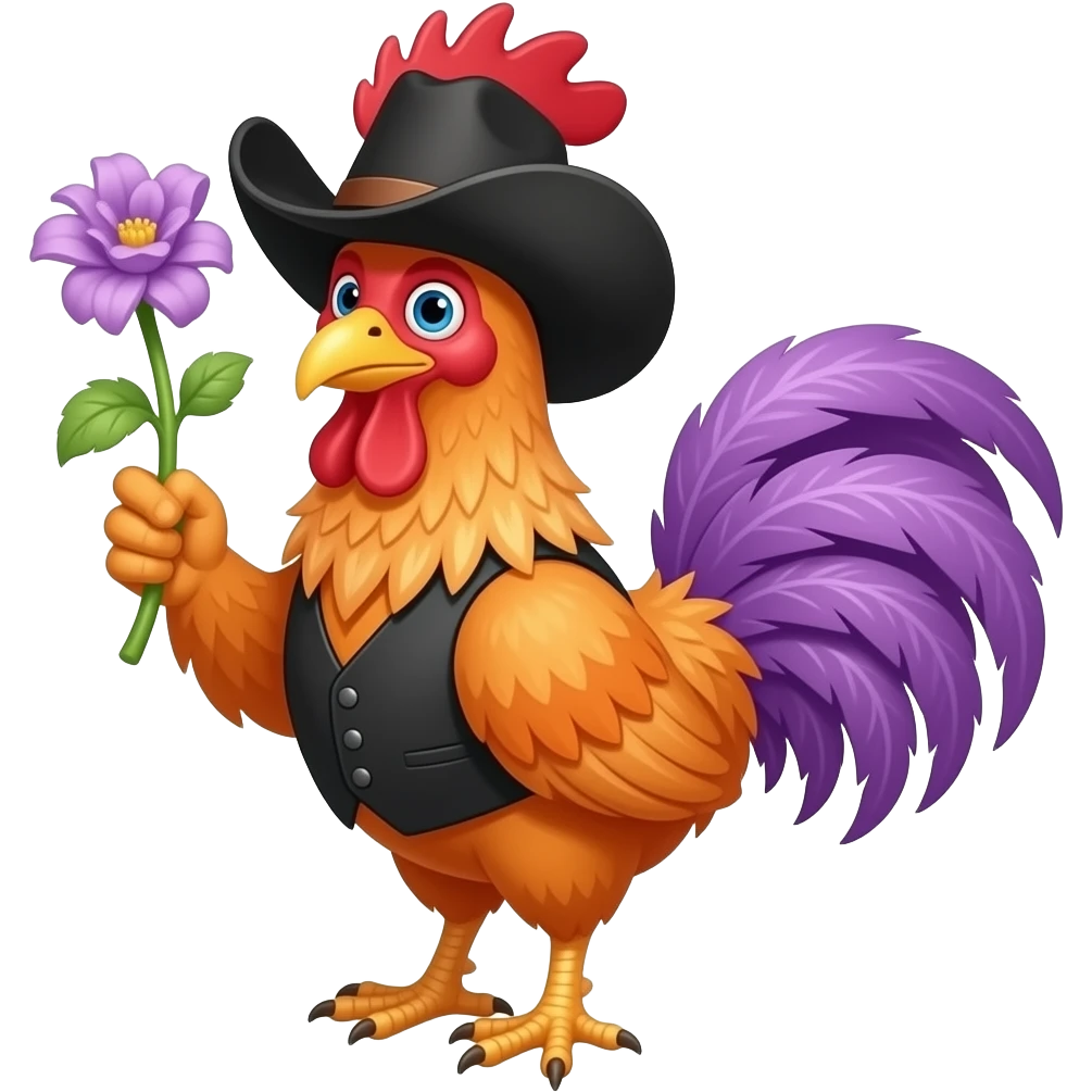 orange, purple Rooster clown plant, black vest cowboy emoji