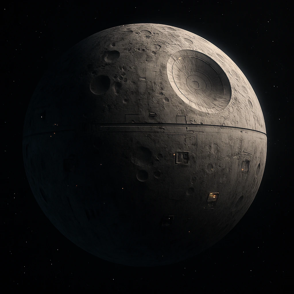 realistic Star Wars moon, partially shadowed, with subtle mechanical features reminiscent of the Death Star, detailed and atmospheric emoji