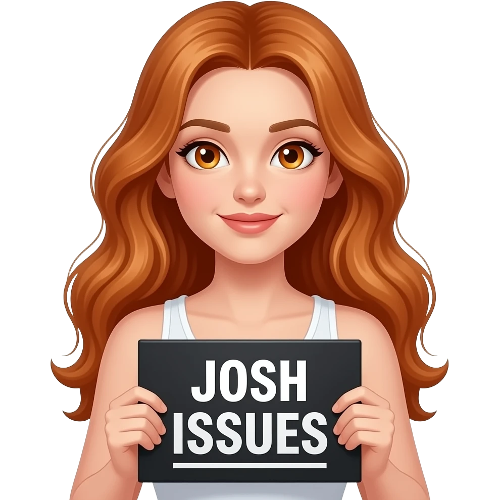 sexy girl with long wavy ginger hair and ginger eyes wearing a white tanktop is holding a black colored sign with JOSH ISSUES written on it emoji