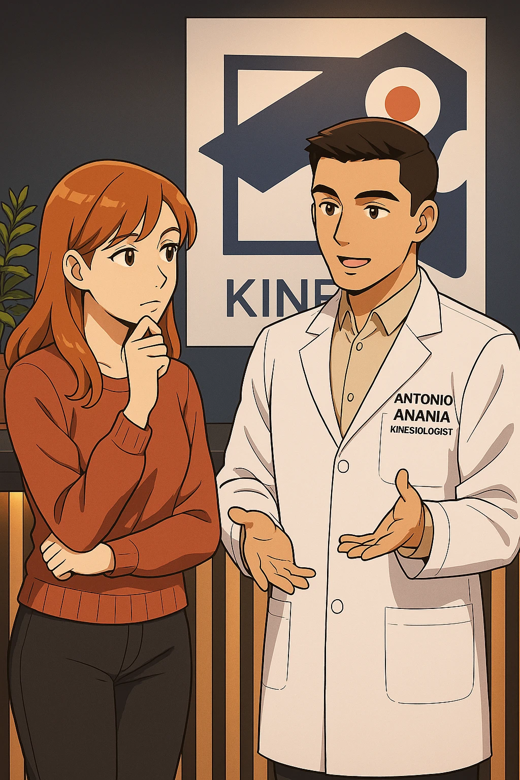 su questo stile fai un manga/webtoon a colori in cui una donna SI TOCCA IL MENTO CON L'INDICE MENTRE ASCOLTA PENSIEROSA L'UOMO, l'uomo della foto in stile manga LE SPIEGA CHE DEVE PROVARE LA SUA VALUTAZIONE MEDICA, mantieni un ambiente simile alla foto che ho allegato con il suo logo (sarebbe il suo studio, lui è un kinesiologo), scrivigli "ANTONIO ANANIA" sul camice bianco, non mettere fumetti, ma fai in modo che sembri che la donna ASCOLTI l'uomo emoji