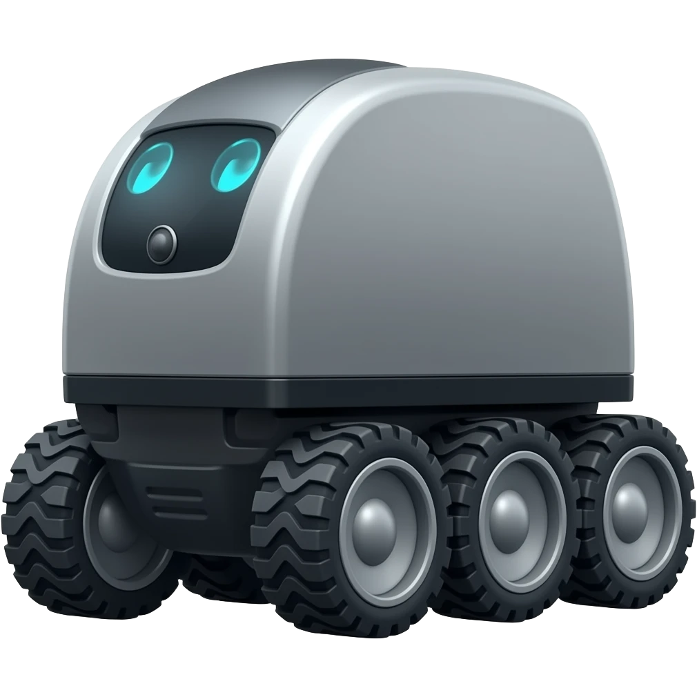 Dark grey delivery robot with 6 wheels emoji
