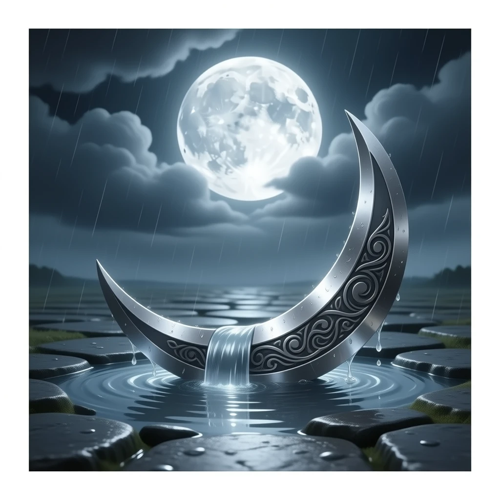 „a fallen moon‑crescent blade, its engraved metal gleaming faintly on rain‑drenched stone, stormwater running along its curve, the full moon burning through torn clouds above, silver light pooling around it like a quiet omen emoji