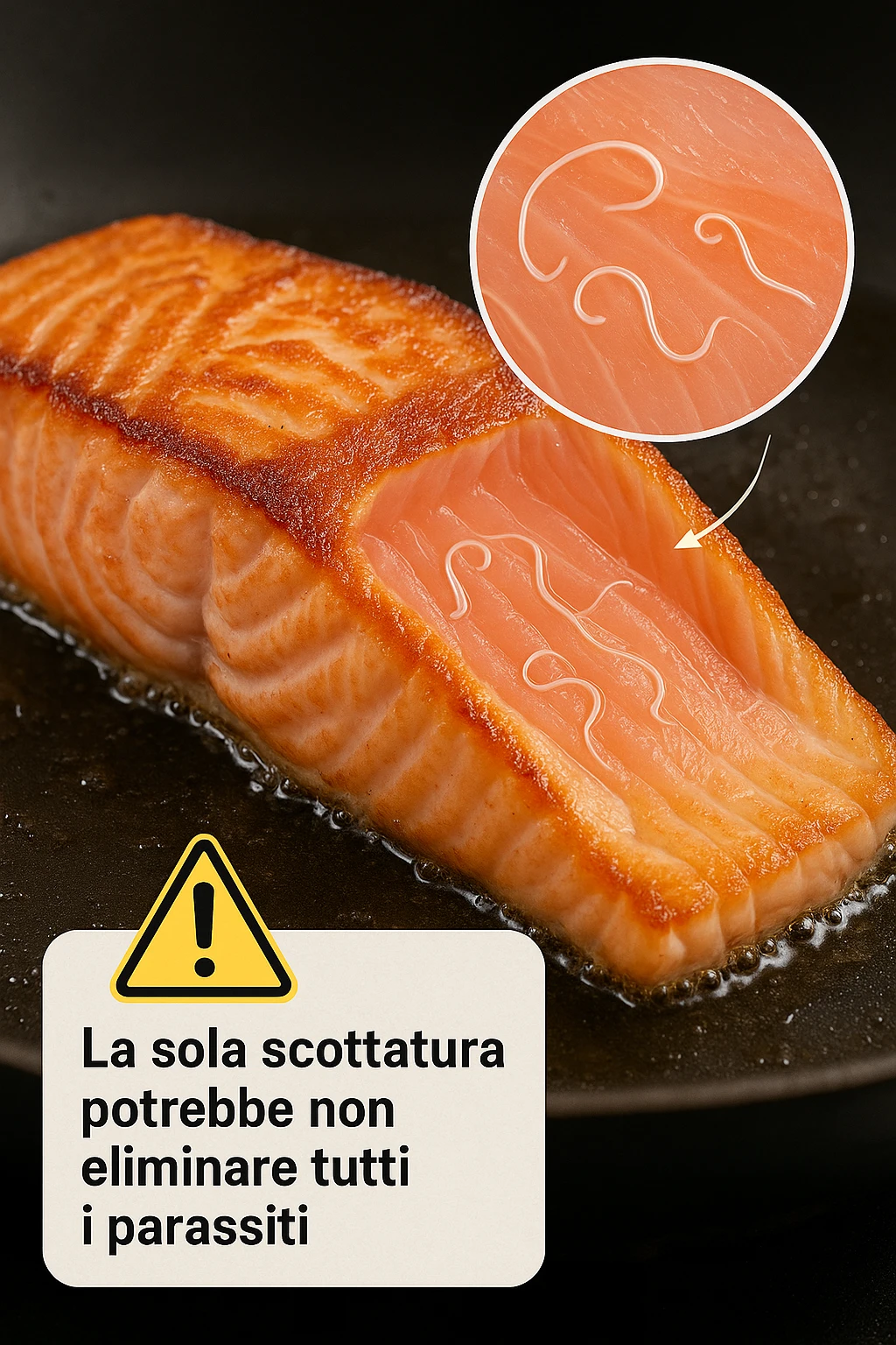 a close-up of a salmon fillet being lightly seared in a hot pan, with the outer layer cooked but the inside still raw. An inset magnifies the interior, showing visible Anisakis parasites surviving in the uncooked portion. A warning icon and educational text explain that searing alone may not eliminate all parasites. in italiano emoji