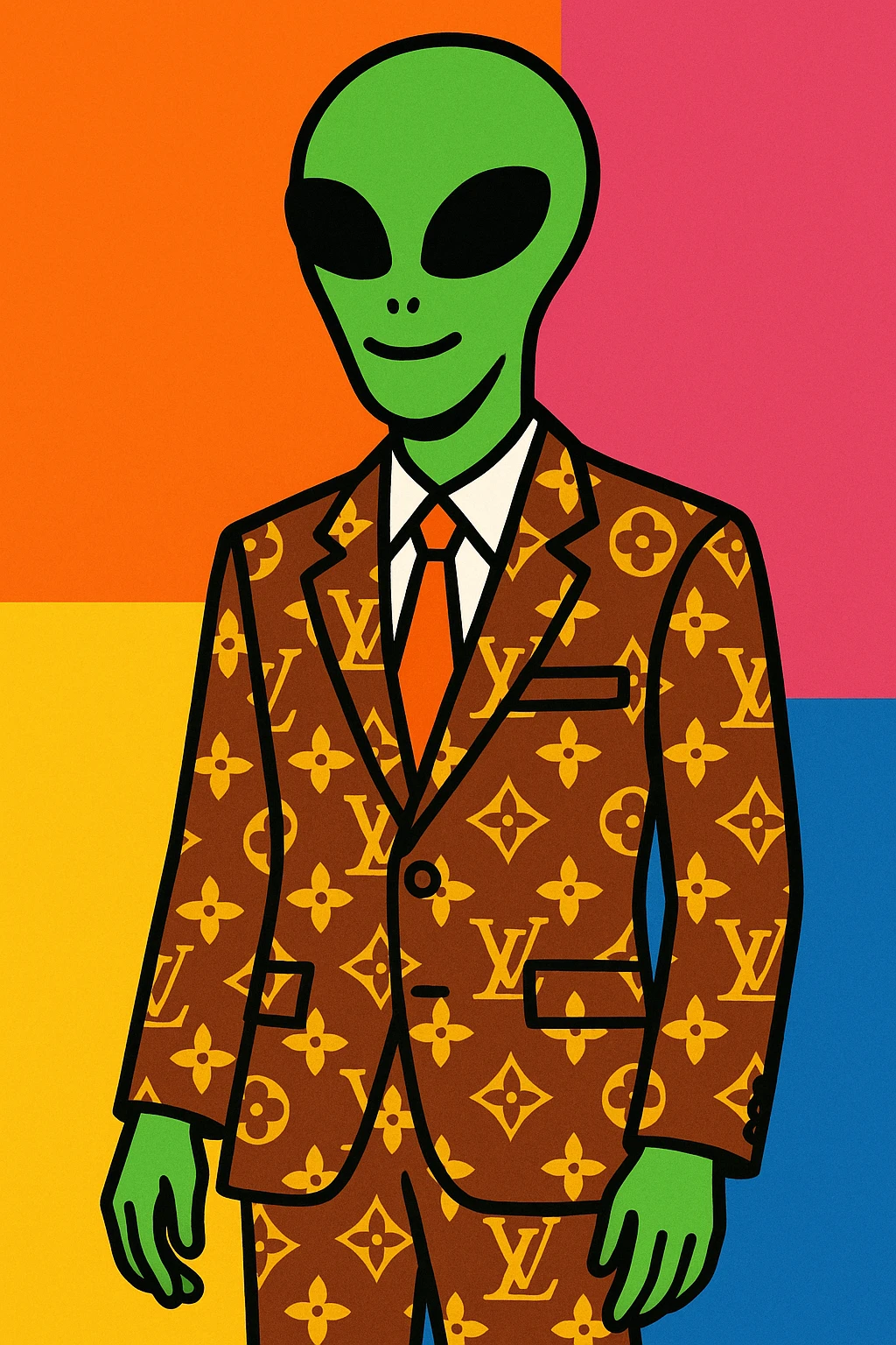 Green tall alien wearing Louis Vutton suit emoji