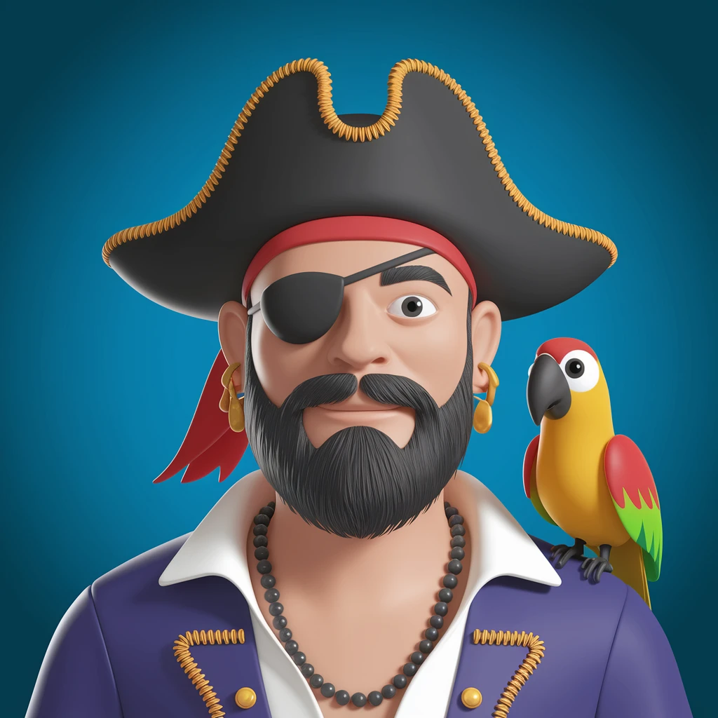 3d illustration of a pirate with eye patch and parrot emoji