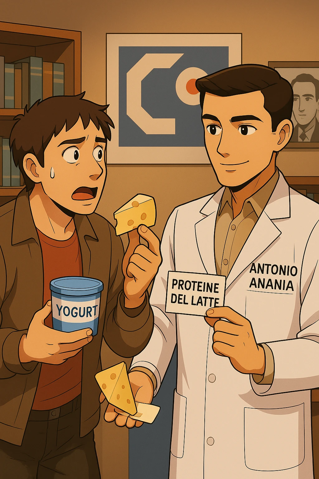 fai un webtoon manga a colori con questo stile, in cui un uomo fa una domanda al kinesiologo con il camice bianco (fagli anche la scritta "ANTONIO ANANIA" SUL CAMICE, l'uomo chiede una cosa mostrando un formaggio e uno yogurt al kinesiologo con il camice, IL KINESIOLOGO annuisce e SPIEGA ALL'UOMO UNA cos. L'UOMO ha un ESPRESSIONE CONFUSA IN VOLTO. non fare i fumetti però, fai solo in modo che sembri stiano parlando emoji