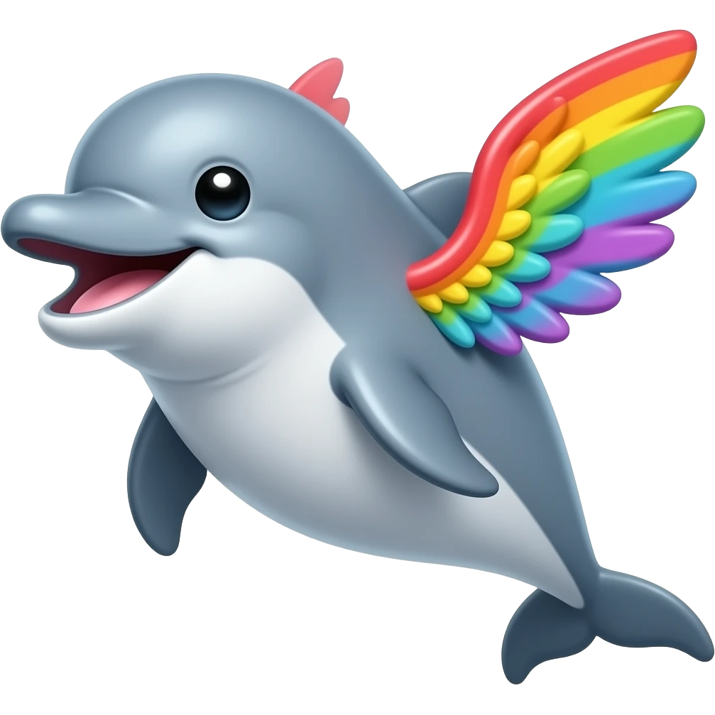 un delfin con alas y arcoiris y una gran sonrisa emoji