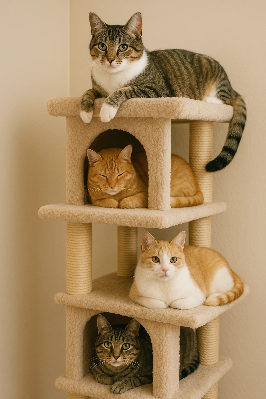 cats relaxing in a vertical playhouse emoji