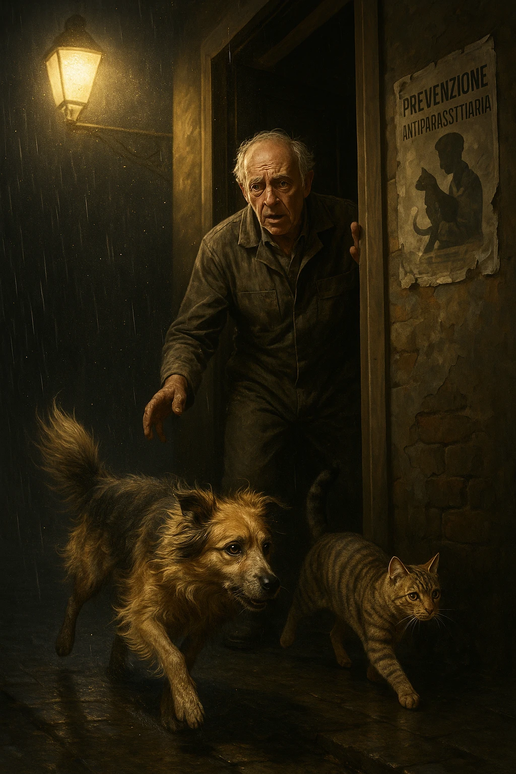 Un uomo anziano in tuta da lavoro, con espressione angosciata, tiene aperta la porta di casa mentre il suo cane (un meticcio a pelo lungo) e il gatto (soriano) scappano nella strada buia sotto la pioggia. Particelle di polvere/pulci fluttuano nell'aria illuminata dal lampione. Sullo sfondo, un poster strappato del veterinario con scritto 'Prevenzione antiparassitaria'. Stile fotorealistico, illuminazione Caravaggesca, toni grigi e ocra. in italiano emoji