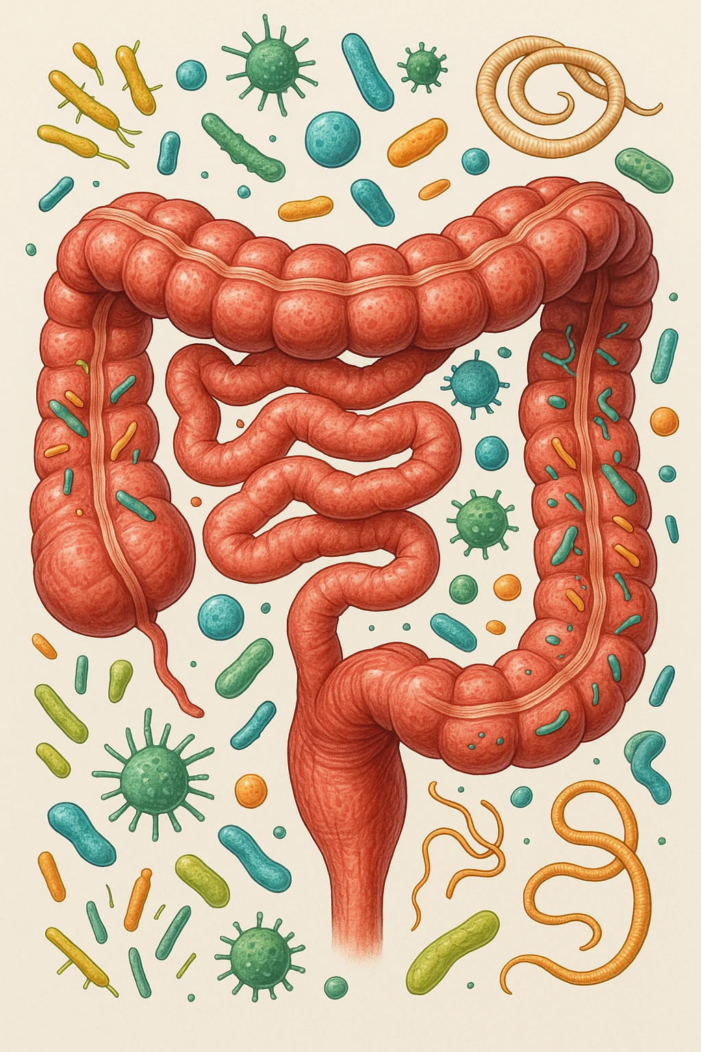 INTESTINO UMANO ANATOMICO CON BATTERI E PARASSITI INTORNO, SFONDO CHIARO NEUTRO, IPERREALISTICO 4K emoji