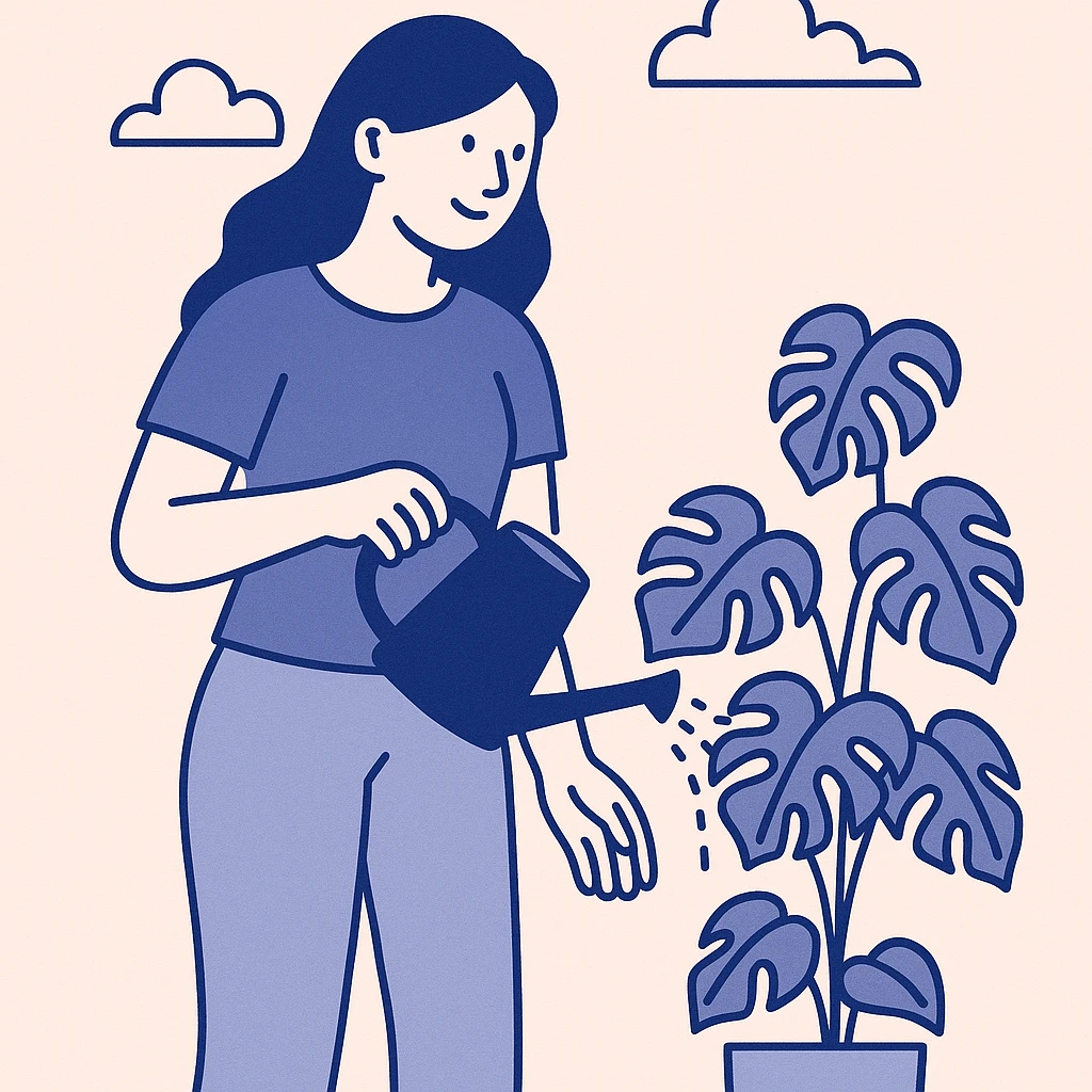 woman watering her monstera plant emoji