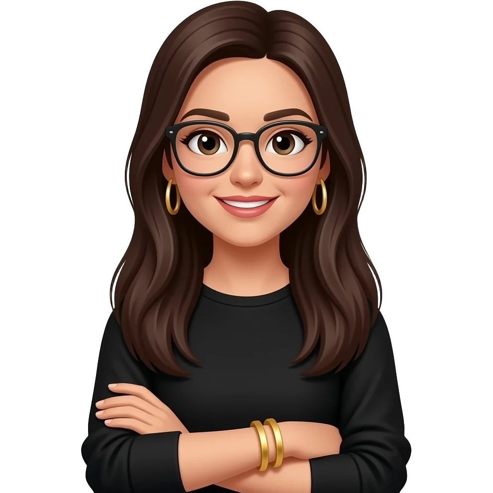 long dark brown straight super long hair, glasses, marketing, recruiting, gold bracelets and gold earrings, in black long sleeve emoji