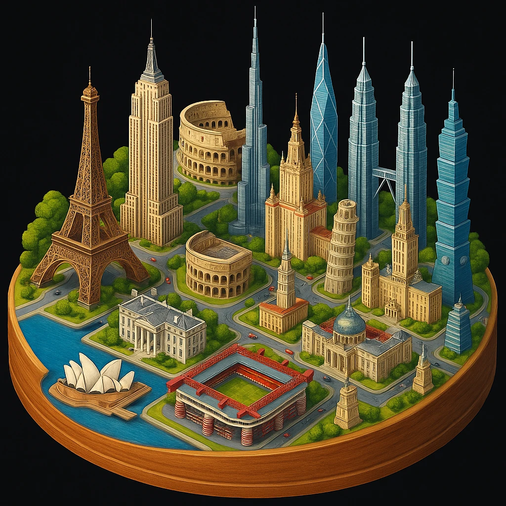 Оставь основу картинки - деревянную подставку, но при этом сгенерируй изометричная, яркая, детализированная и фотореалистичная иллюстрация где будет самые узнаваемые здания мира Эмпайр Стейт Билдинг, Эйфелева башня, Колизей, Сиднейская опера, стадион Сан-Сиро, Белый Дом Пизанская башня, здание МГУ, Бурдж-Халифа, Башни Петронас, Небоскрёб Фостера в Лондоне, Рейхстаг, Тайбэй emoji