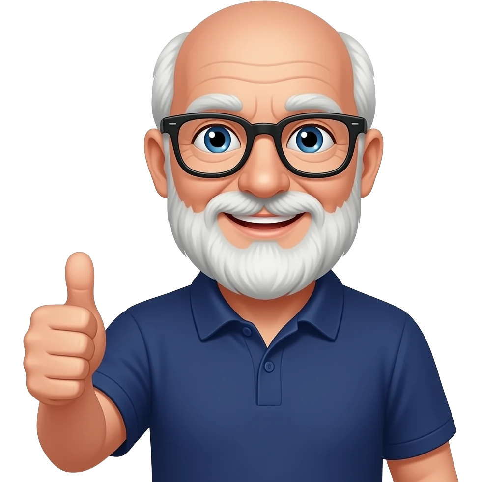 old bald man with white beard, blue eyes, black glasses, thumbs up, navy blue polo shirt, smiling emoji
