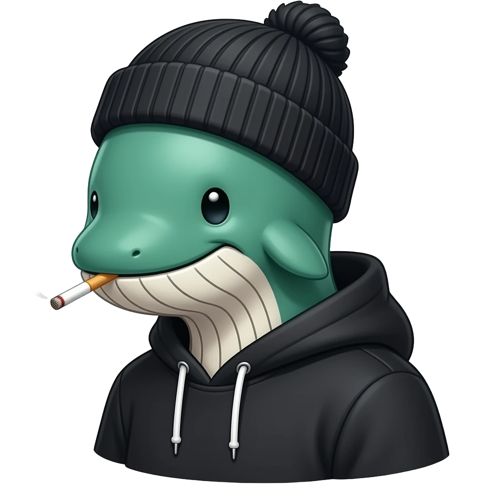 Outline bold drawing Green whale human character head• Black hoodie / street style• Black beanie• Cigarette smoke emoji