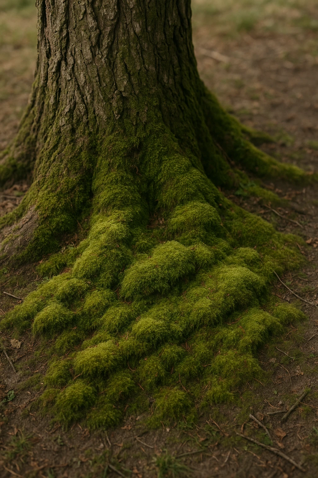 moss growing at the base of a tree, realistic style, soft green textures, earthy tones emoji