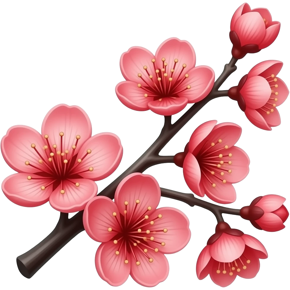 Dark Red color 3D Render iPhone emoji png of red cherry blossom flowers on black branches emoji