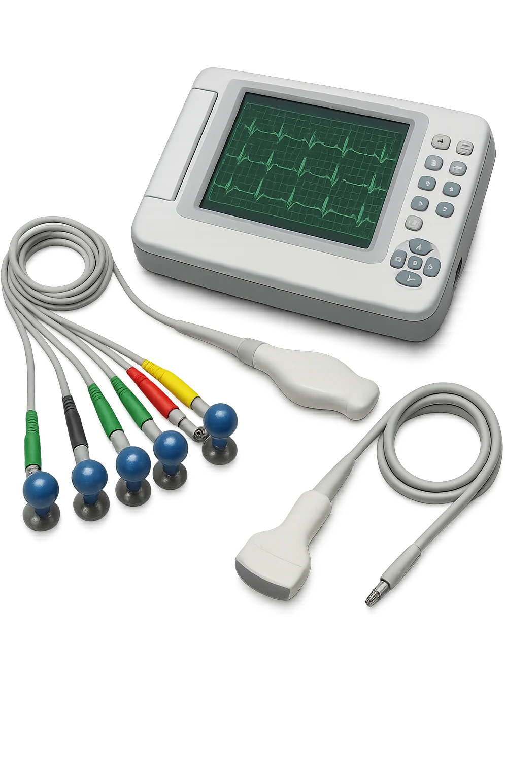 STRUMENTI MEDICI PER FARE ECG e ecocardio, iperrealistico 4k, isolato su sfondo bianco emoji