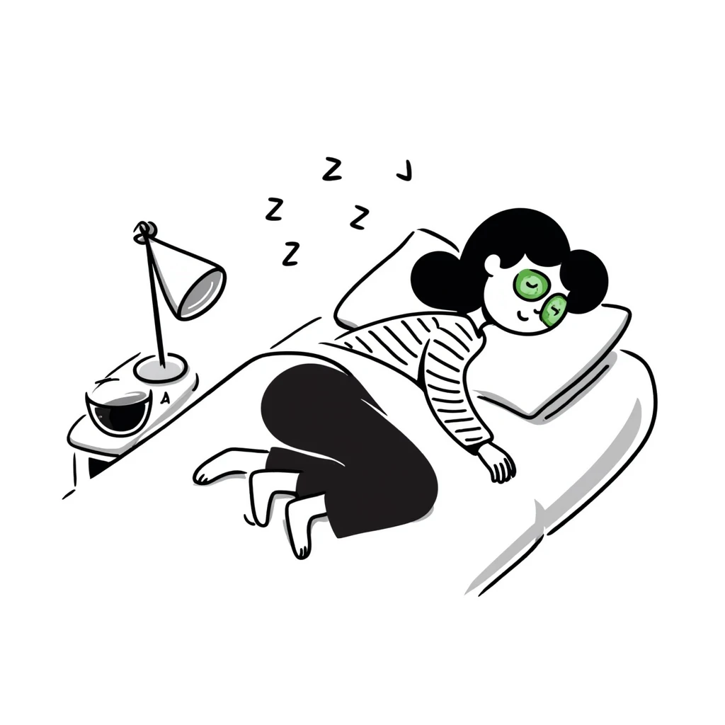Hand drawn girl sleeping with cucumber slices on eyes and face mask, self care night emoji
