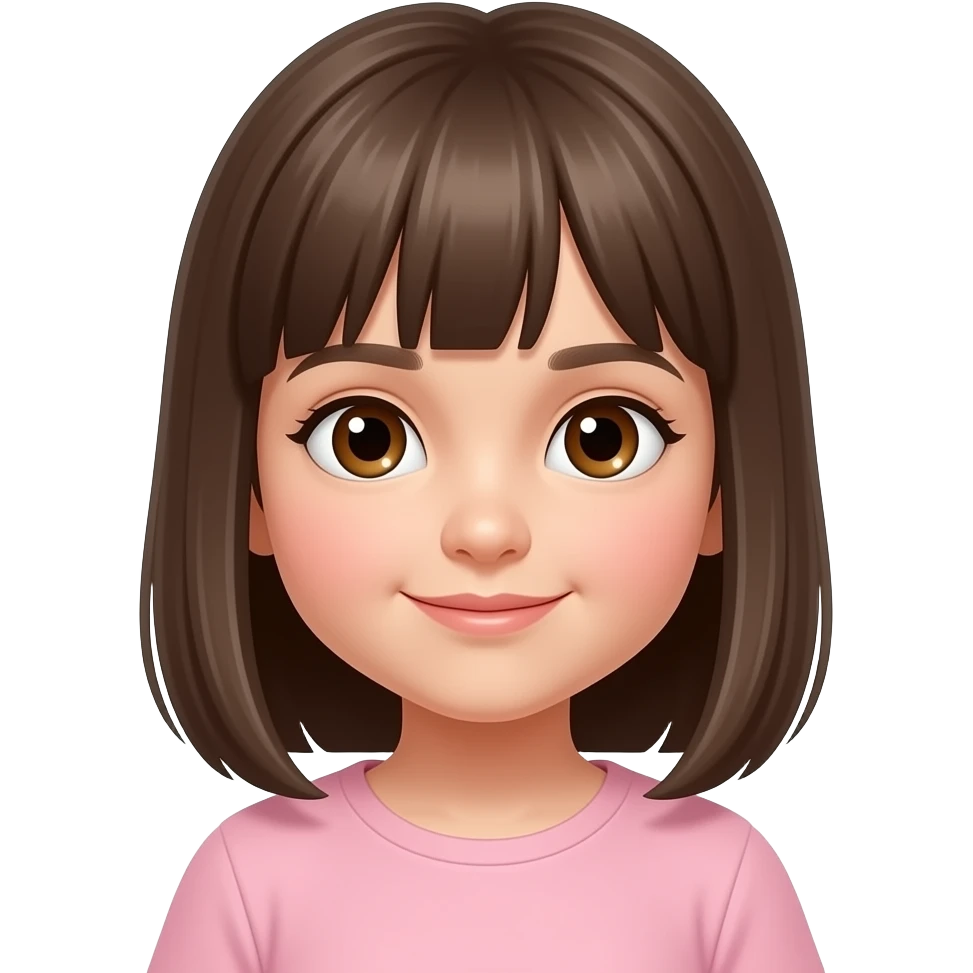 Niña pequeña con pelo castaño liso y ojos marrones con ropa emoji