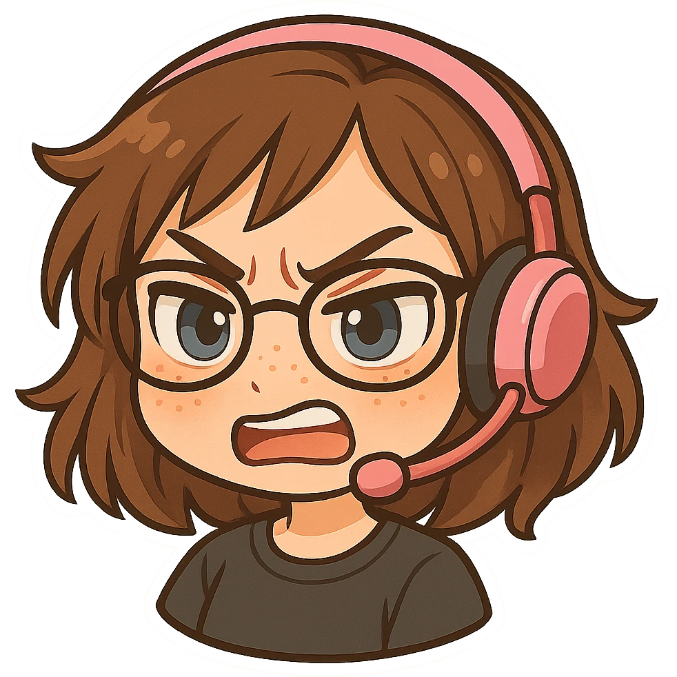 Chibi woman with shoulder length choppy brown hair, pink gaming headset, freckles, glasses, and blue eyes, angry expression, chibi stickers style, no background. emoji