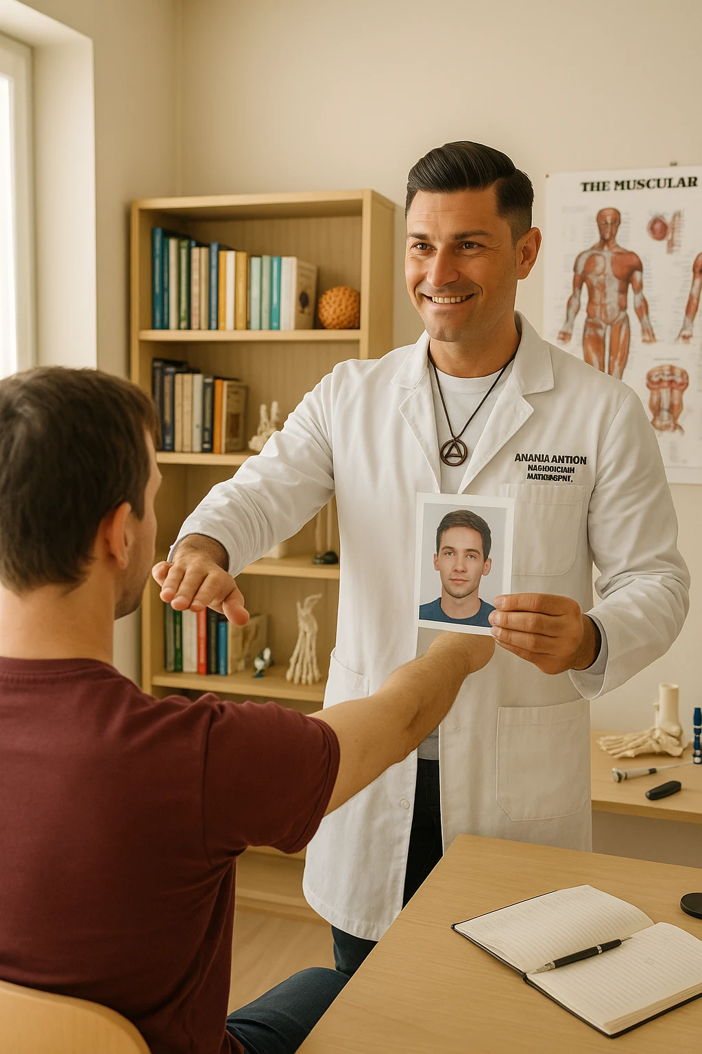 a middle-aged man, dressed in casual professional attire, is in a bright, organized therapy studio. Durante una visita di kinesiologia, il ragazzo tiene con una mano la foto di una persona lontana (il “testimone”) tiene la foto in mano, mentre con l’altra mano esegue un test muscolare su un cliente presente senza foto. Sullo sfondo si vedono libri di kinesiologia, poster anatomici e strumenti tipici della disciplina. L’atmosfera è concentrata e serena, con luce naturale che entra dalla finestra, sottolineando l’aspetto alternativo e umano della pratica. emoji