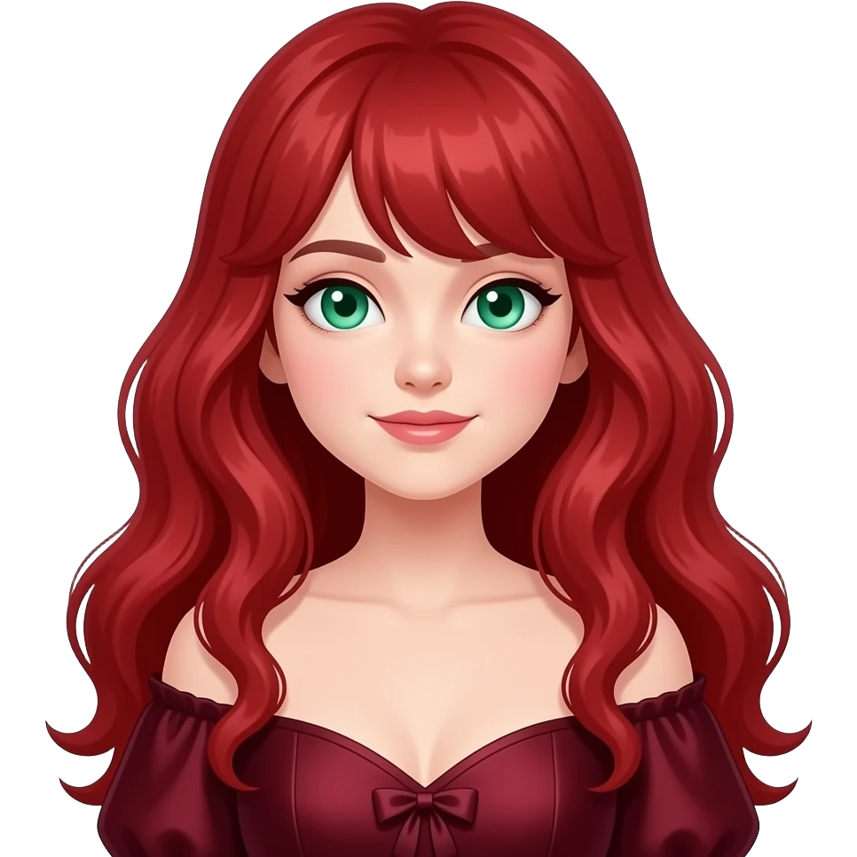 Ruby red long wavy hair no bangs. Dark romance outfit(ruby red). Emerald eyes. emoji