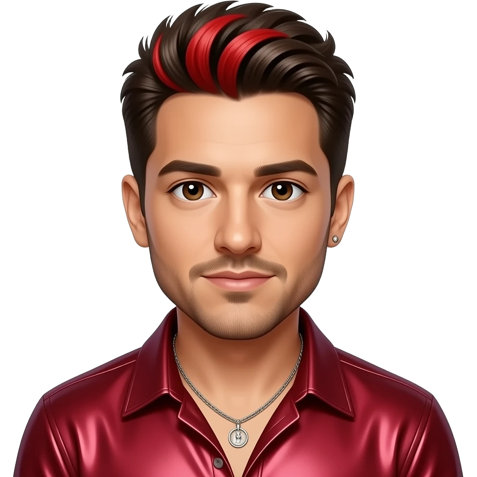 Joey Fatone from NSYNC with brown eyes, dark brown 90s pineapple hair with bright red-dyed and short beard, ruby red metallic shirt, necklace and earrings emoji