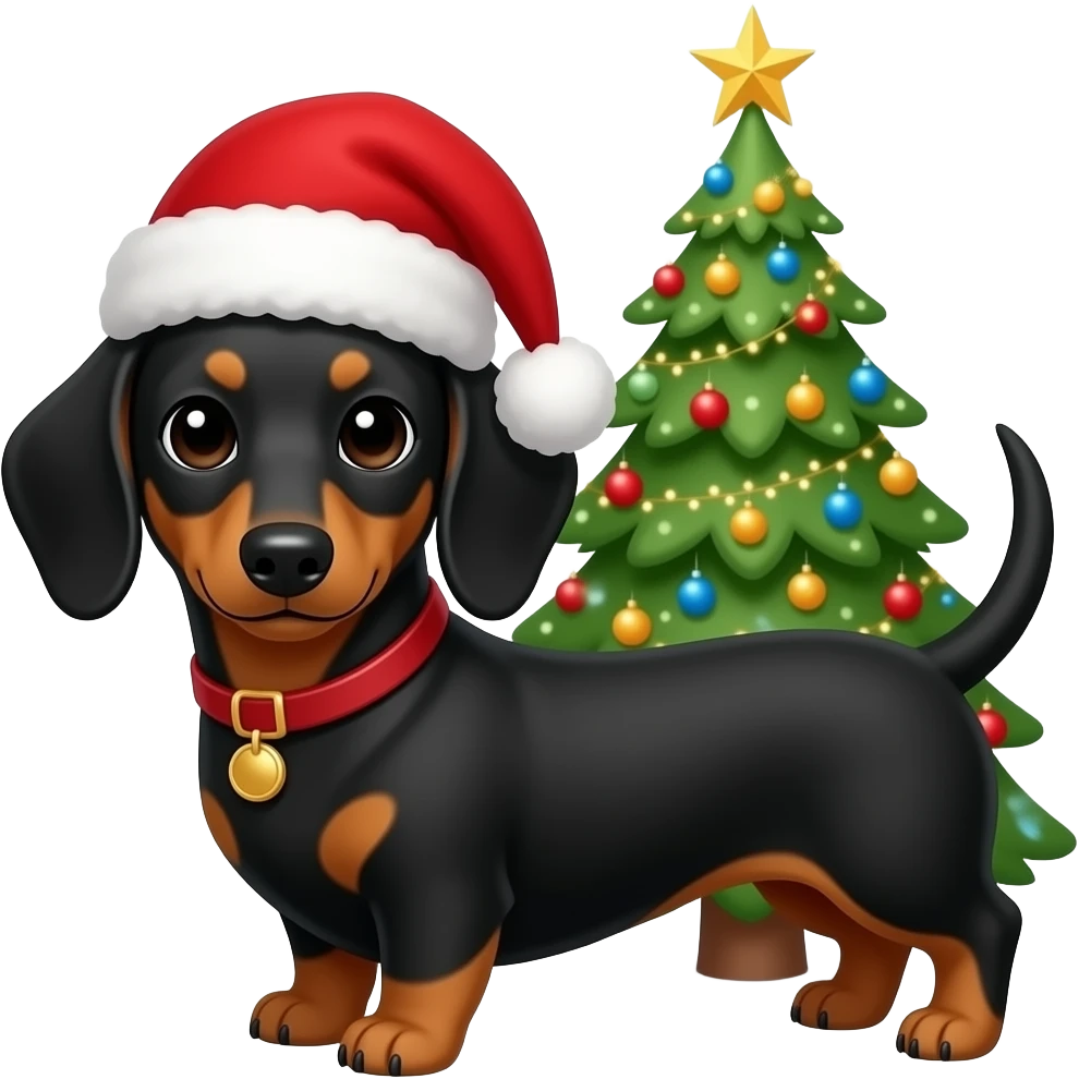 Cute black and tan dachshund wearing a Santa hat in front of a decorated Christmas tree emoji