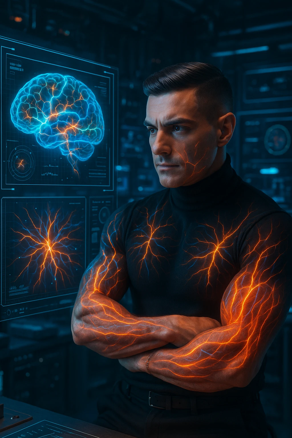 "Neuroscientist using advanced visualization to reprogram muscle development pathways, brain scans showing neural networks firing to stimulate muscle growth, expression of scientific breakthrough, his body responding to optimized mental training protocols, muscle memory being created without physical movement, consciousness hacking biological systems for muscle development" emoji