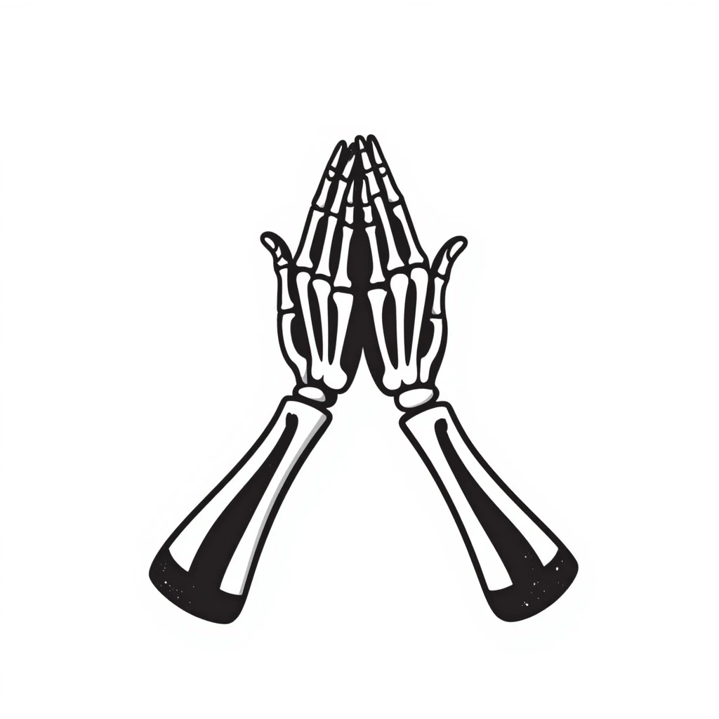 praying skeleton hands, stylized cartoon, bold lines, hands together in prayer emoji