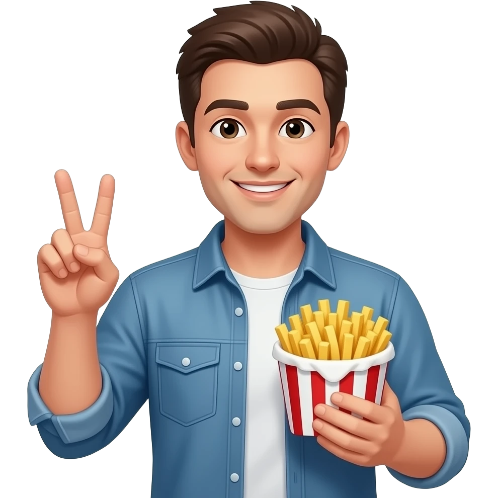 make a sticker of a guy doing the piece sign holding fries emoji