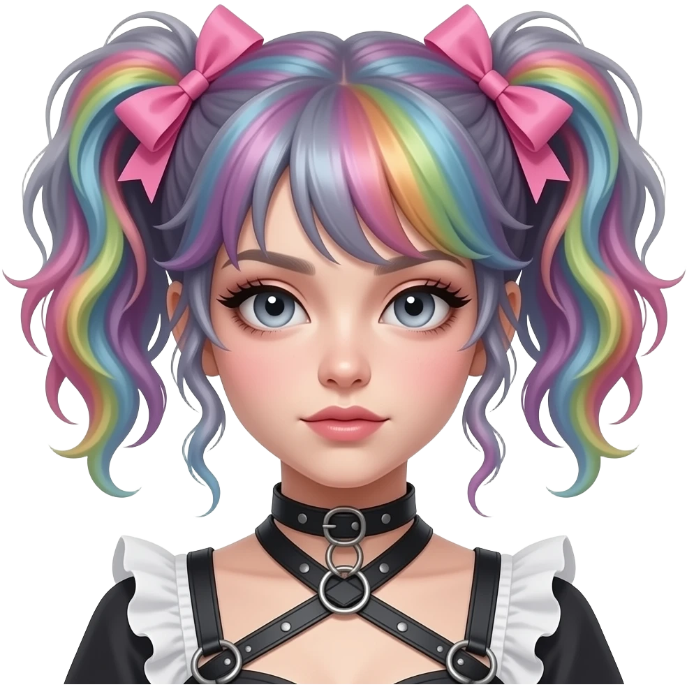 Baphomet babe freak with messy, frazzled, washed-out rainbow dyed loose space buns with frilly girly pink hair bows and bondage restraints emoji