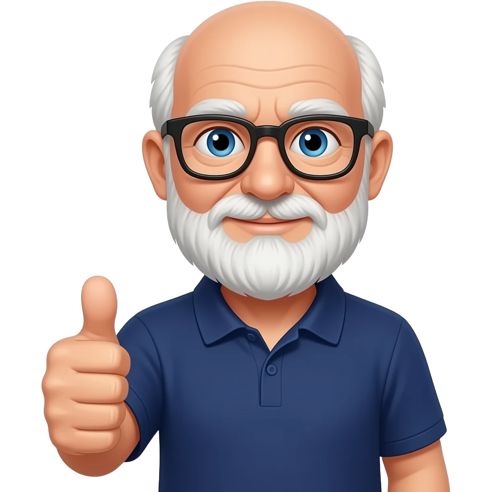 old bald man with white beard, blue eyes, black glasses, thumbs up, navy blue polo shirt emoji