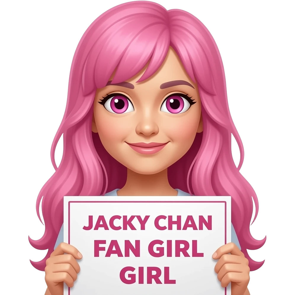 sexy girl with long pink hair and pink eyes holding JACKY CHAN FAN GIRL sign emoji