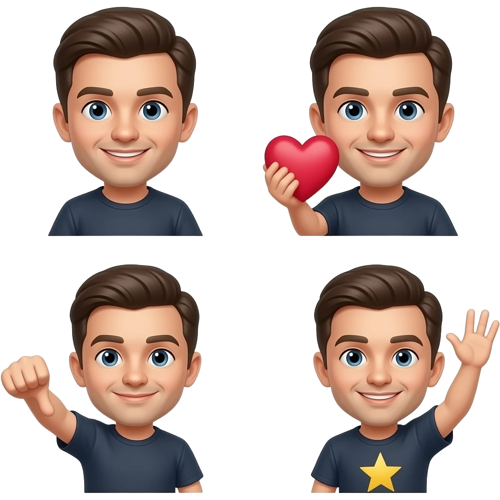 paint stickers in style of telegram standard stickers with this man (valentin strikalo) i need to: like,dislike and other standard stickers emoji