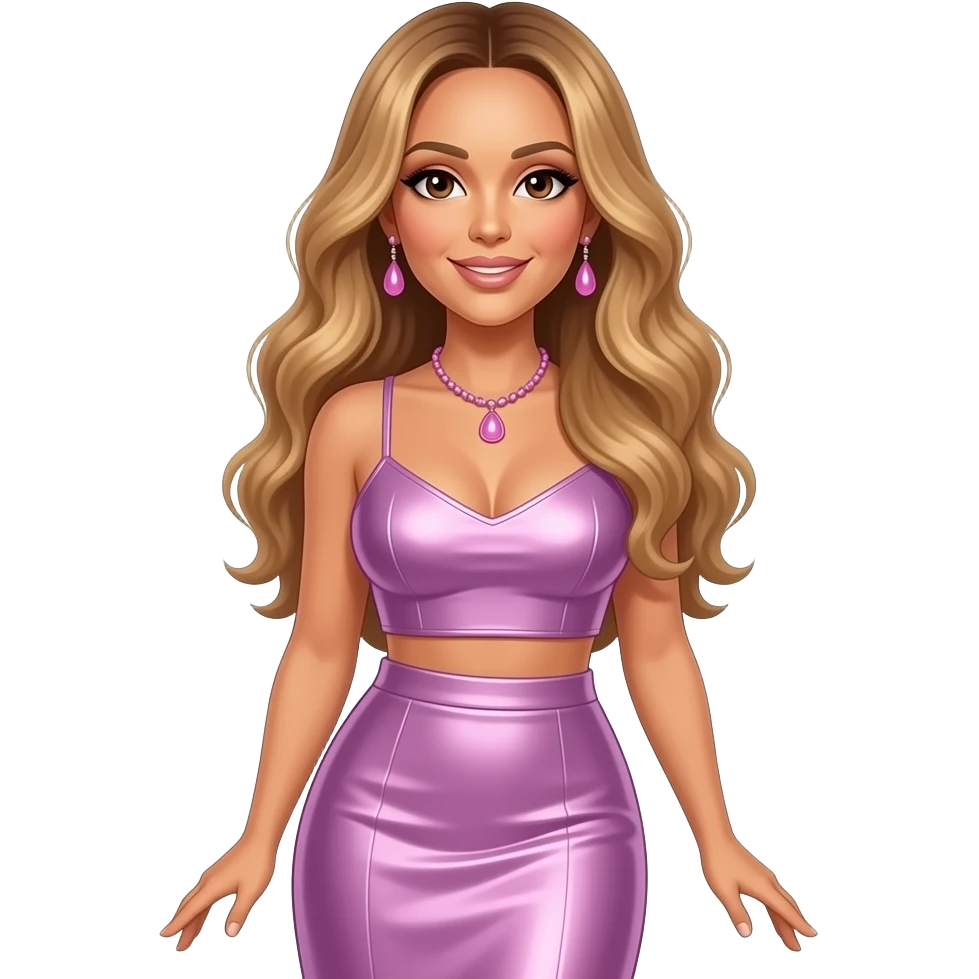 Mariah Carey with brown eyes, long golden brown hair, lavender pink metallic crop top and long skirt, pink necklace and earrings emoji