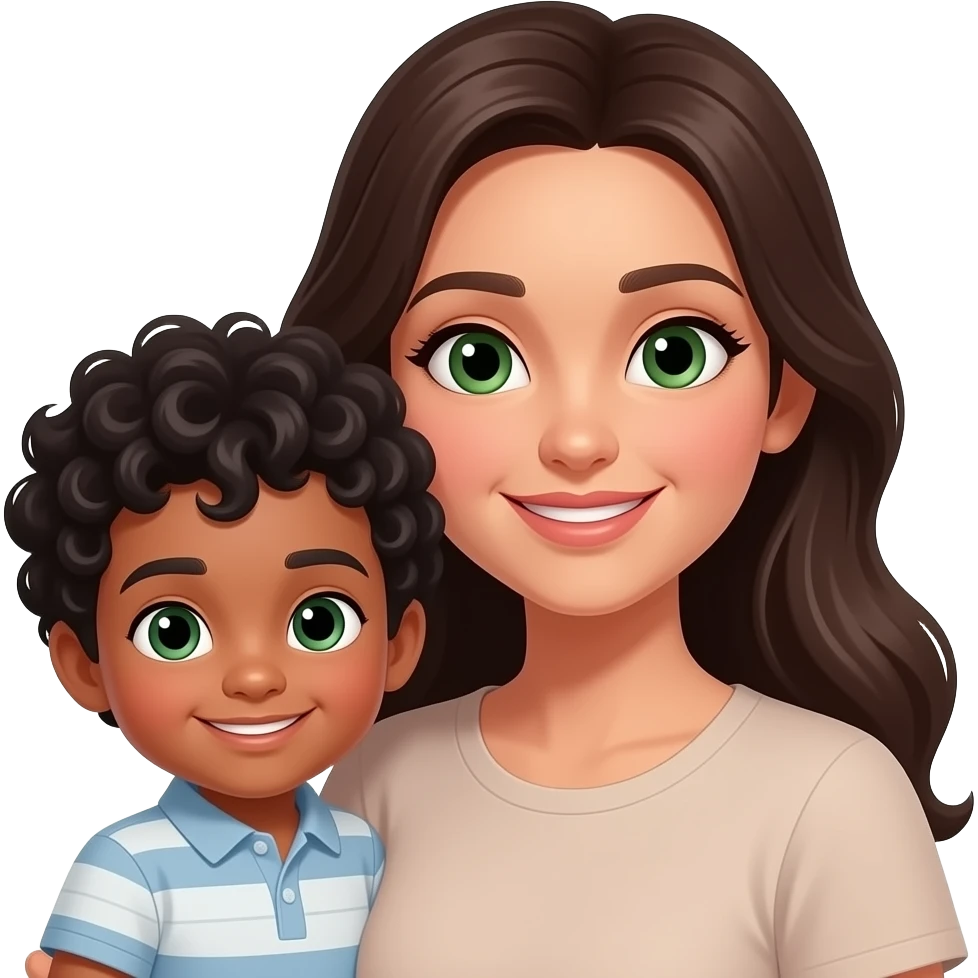 Mother with dark green eyes and son with  hair black curles emoji