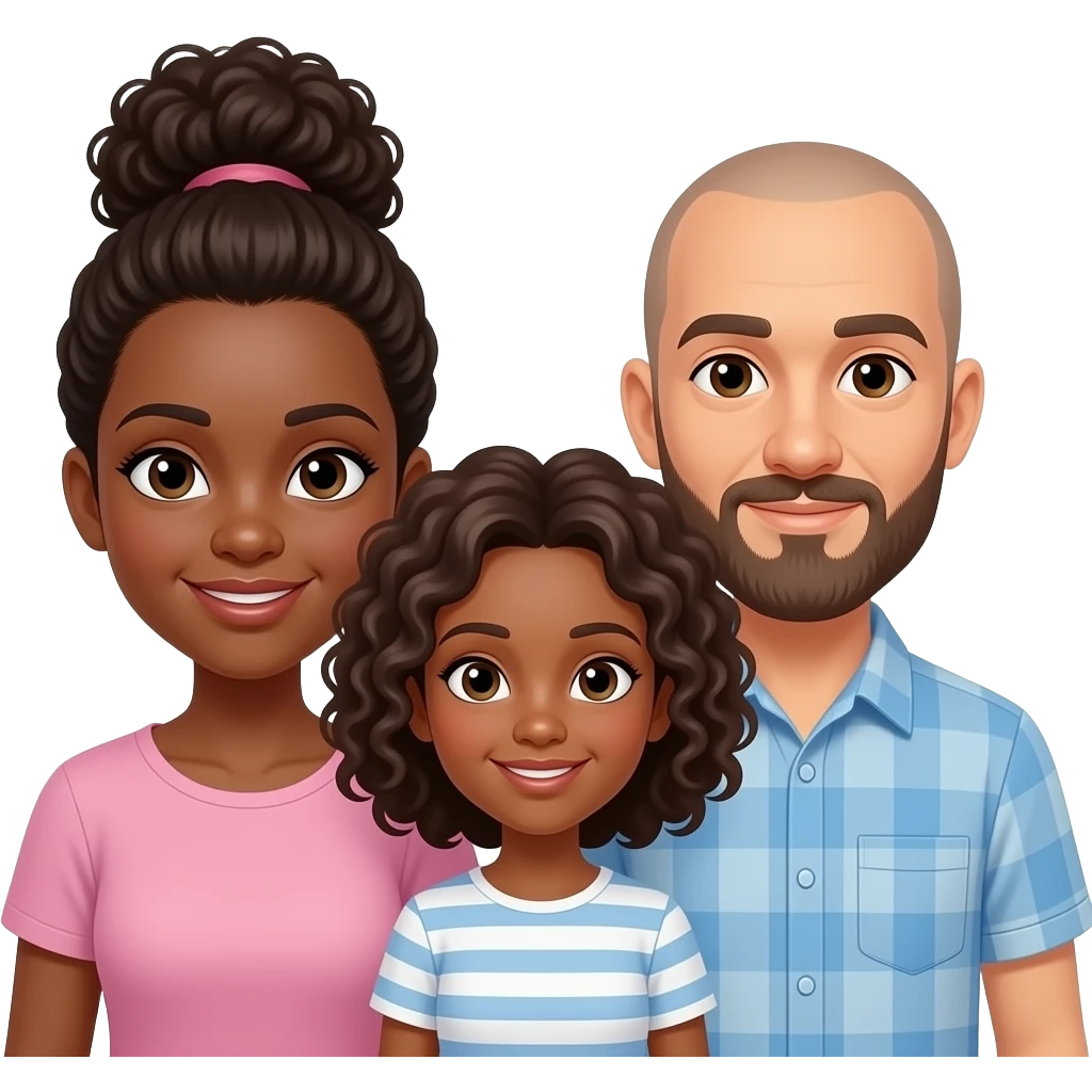 Darkskin mother with curly messybun and teenagegirl with curly locks and baldhead father lightskin with brown beard emoji