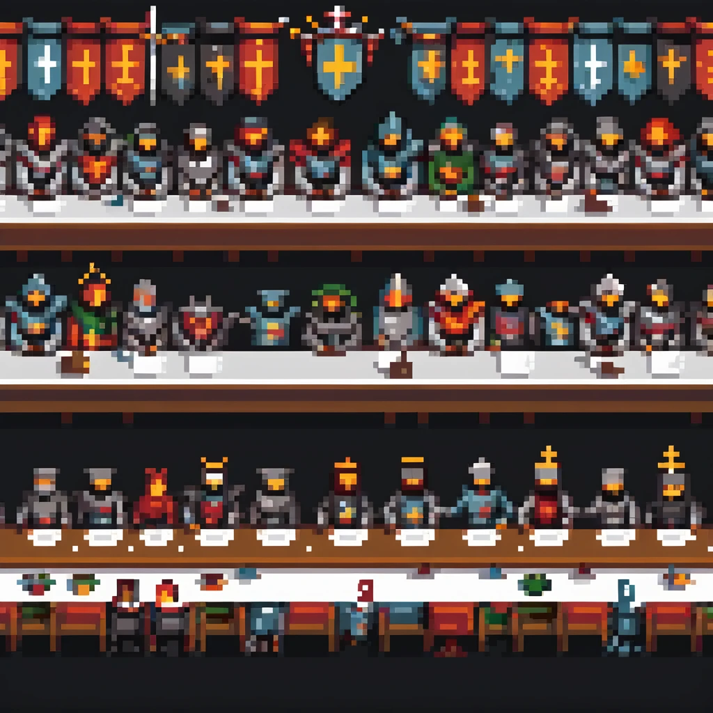 pixel art scene inspired by the Last Supper, straight-on perspective, long table with knights, robots, and people posed like Jesus and the apostles, detailed, vibrant, medieval and futuristic elements combined emoji