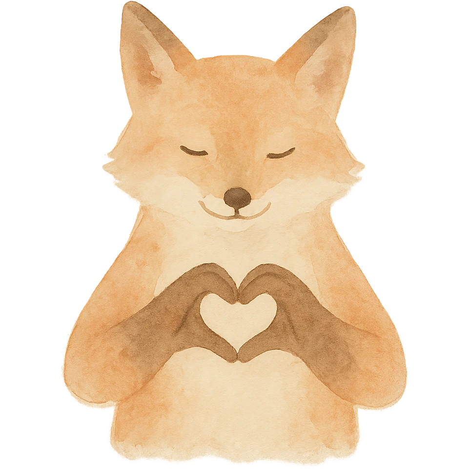 realistic fox making a heart shape with paws, watercolor style, orange and brown tones, transparent background emoji